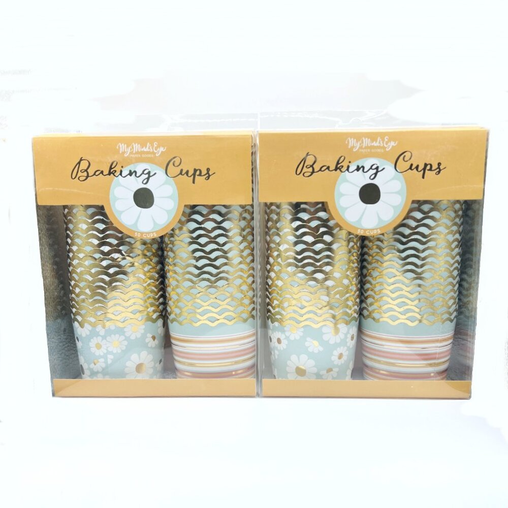 NEW 2x My Minds Eye Gold Foiled Daisies and Stripes Baking Cups - 50 Count